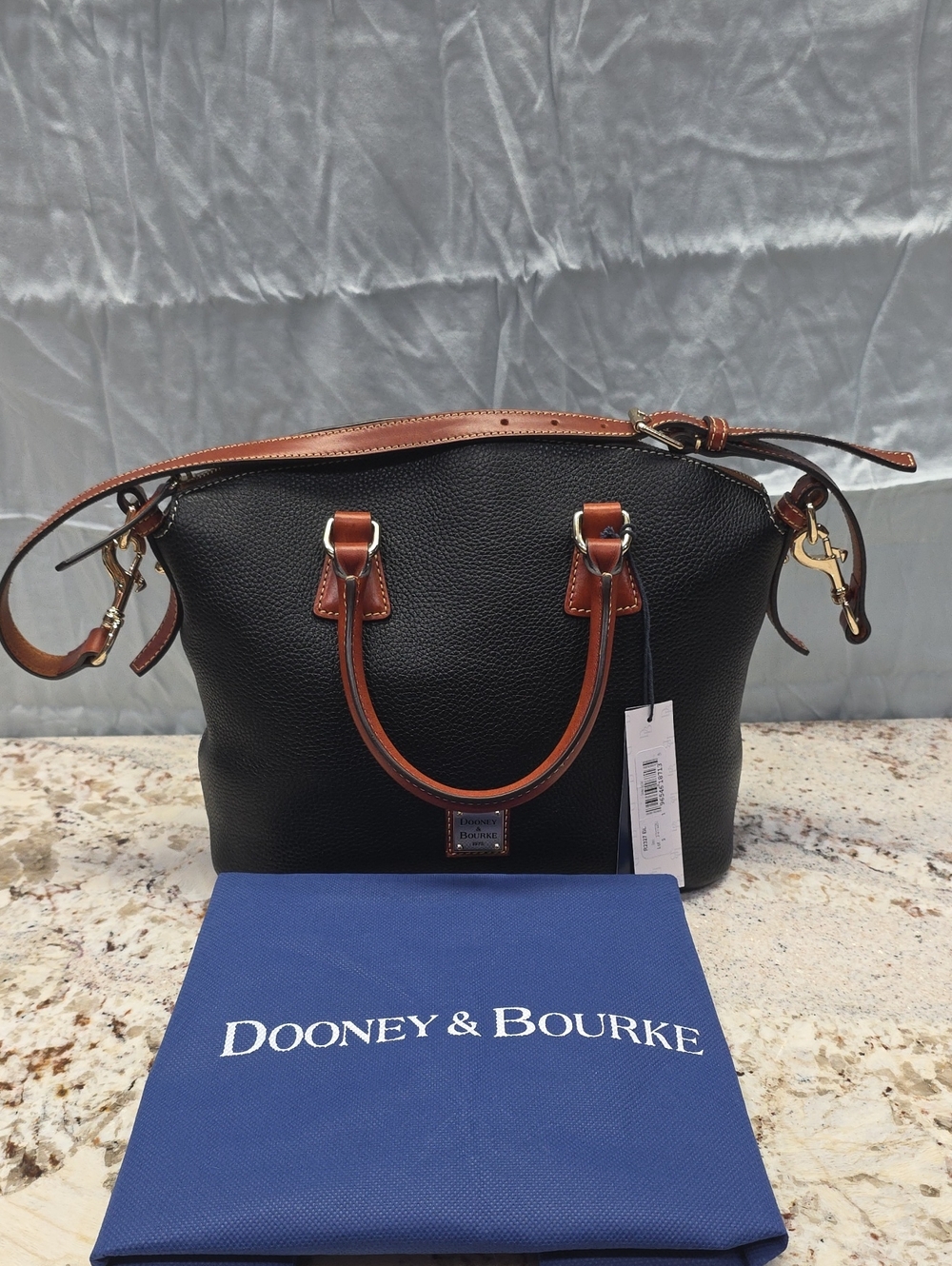 Dooney & Bourke Domed Satchel Black Pebble Leather Brown Trim Crossbody Bag